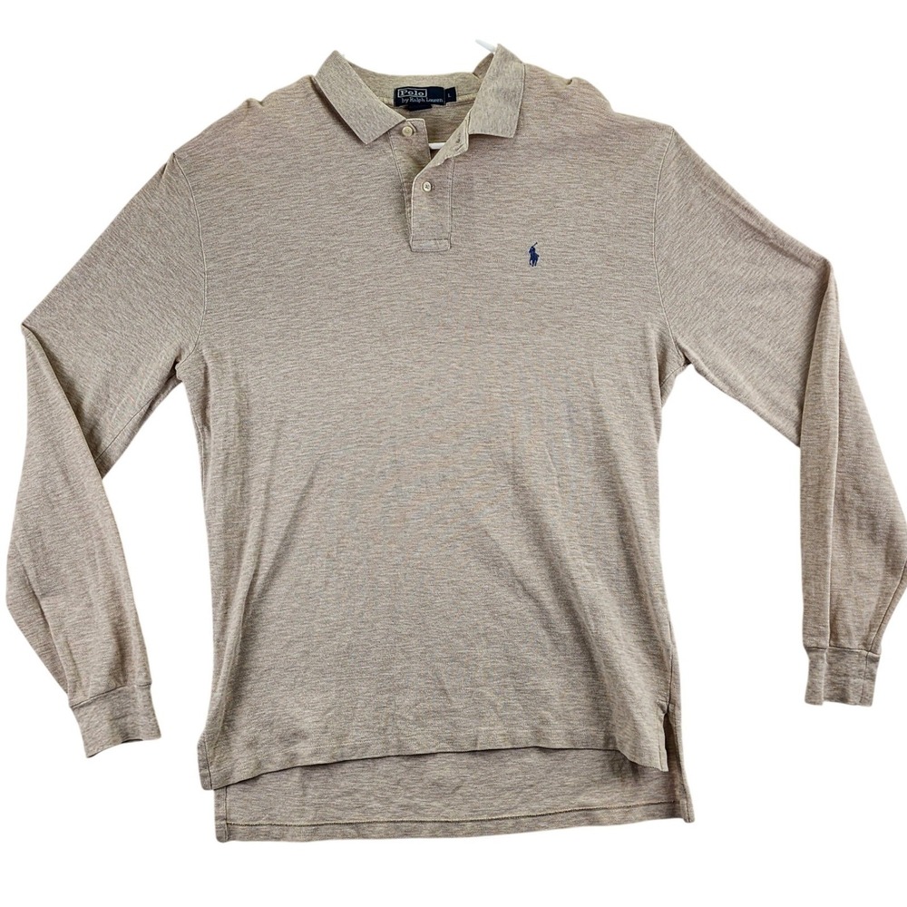Polo Ralph Lauren Long Sleeve Cotton Pique Polo Shirt Blue Pony Mens Large Tan